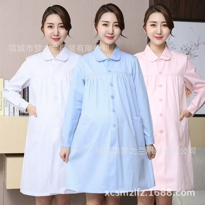 Nurse Uniform Maternity Wear Large Size Round Neck Summer Short-Sleeved Winter Long-Sleeved White Coat Doctor Hospital Work Clothes
