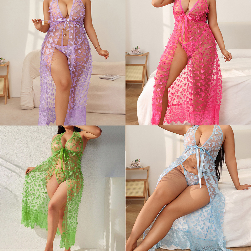 European and American Fat mm Sexy Lingerie See-Through Suspender Pajamas Nightgown Mesh Sexy Long Skirt Suit 7674