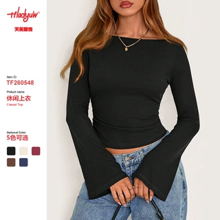 欧美美式辣妹纯色船领喇叭袖T恤女2026秋款修身褶皱显瘦上衣长袖