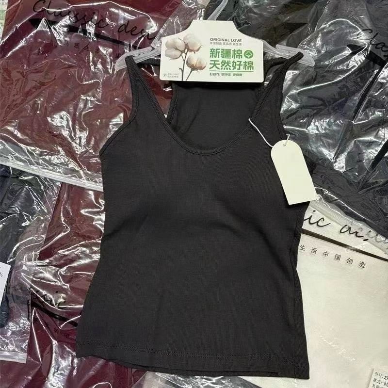 妃子纪2703挂脖工字型背心女早秋新款螺纹棉带胸垫一体式百搭外穿|undefined