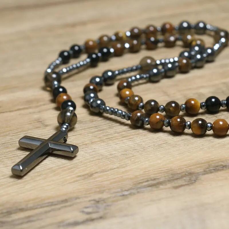 Amazon Natural Stone Cross Pendant Necklace Tiger Eye Stone Iron Gallbladder Cross Rosary for Men Necklace Wholesale