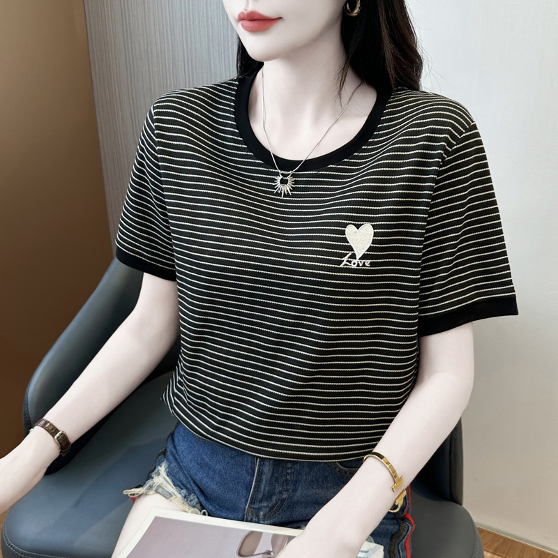 204~条纹刺绣2025夏季新款圆领上衣女图案短袖T恤|undefined