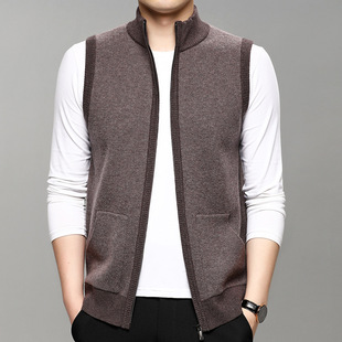 100% pure wool vest men's outer wear 2023 autumn and winter New stand collar zipper cardigan sweater for men