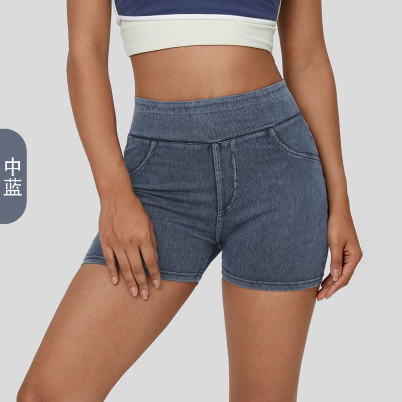 Pantalones cortos de yoga de mezclilla transfronterizos para mujer, cintura alta, bolsillos delgados para levantar la cadera, deportes para correr, pantalones casuales de tres puntos