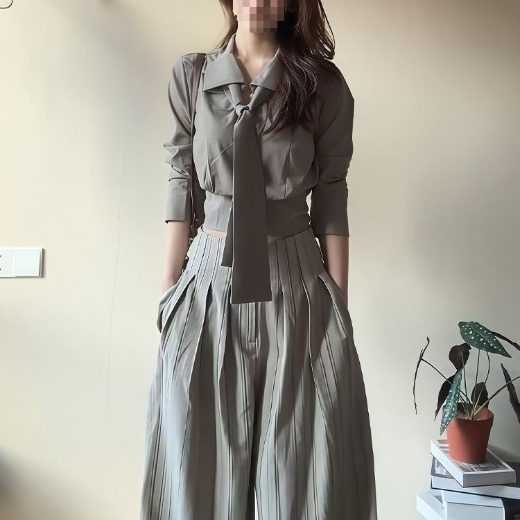 2025法式约通勤感掐腰长袖衬衫+百搭阔腿长裤两件套女秋季新款|undefined