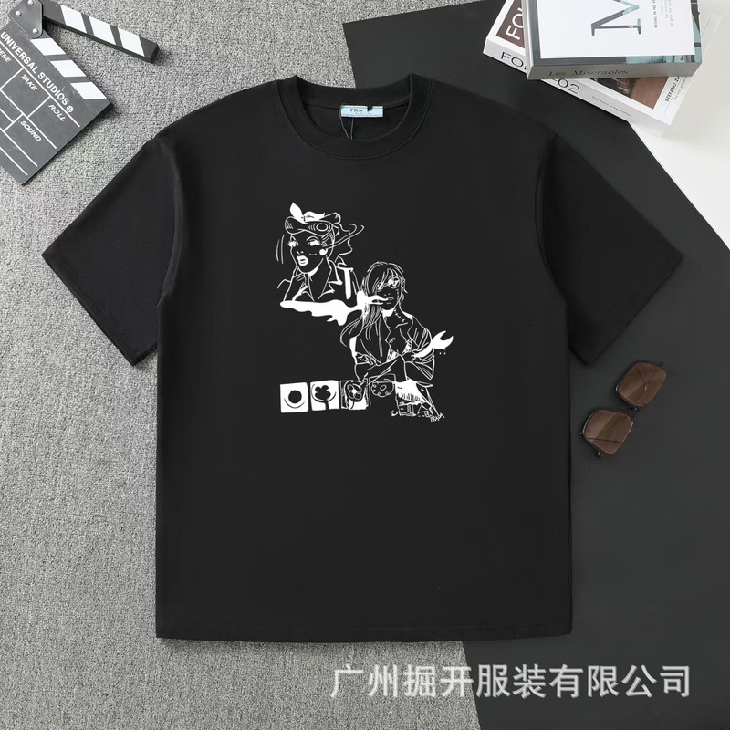 クロスボーダー 2025 夏のトレンドブランド P ファミリー新レタープリントラウンドネック Tシャツカジュアルファッショントレンド半袖男性と女性|undefined