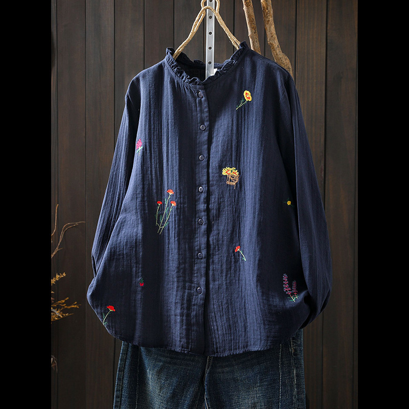 Spring and Autumn New Style Vintage Cotton and Linen Long-Sleeve Embroidered Shirt for Women, Versatile Loose Fit Slimming Casual Cardigan Top