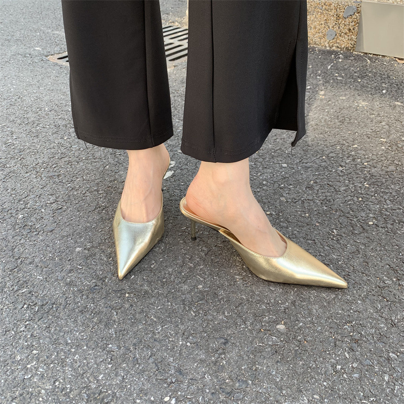 Design francese con tacco alto, mezze pantofole Baotou, scarpe da donna per abbigliamento esterno, tacchi a spillo a punta, scarpe singole a mezza tazza primaverili ed estive_voghion.com