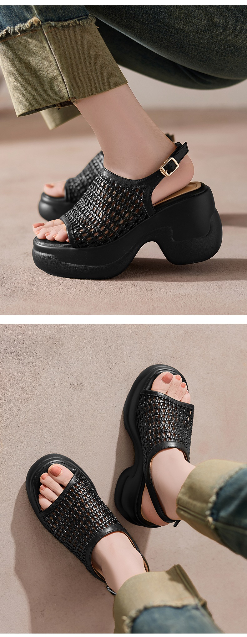 Sandal cao gót nữ mũi hở đế dày 8 cm kiểu dệt La Mã quai ngang — đen chi tiết 6