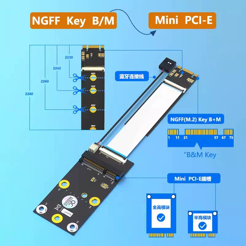 Кабель-адаптер M.2 NVMe на Mini PCI-E с ключами B/M, адаптер-удлинитель для ключей A/E