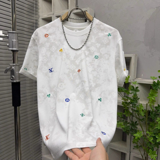 Embroidered Tie-Dye Stylish Cool Influencer T-Shirt for Men with a High-End Feel, Round Neck, Youthful Top, Summer Vintage Short Sleeve