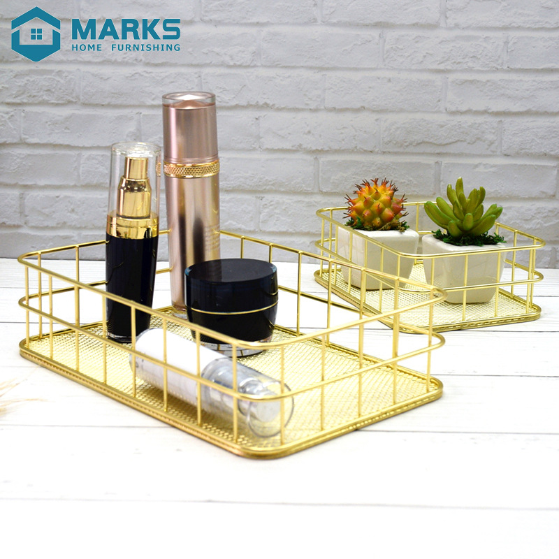 日式铁艺玫瑰金收纳筐桌面整理篮杂物护肤品小物件收纳架置物篮
