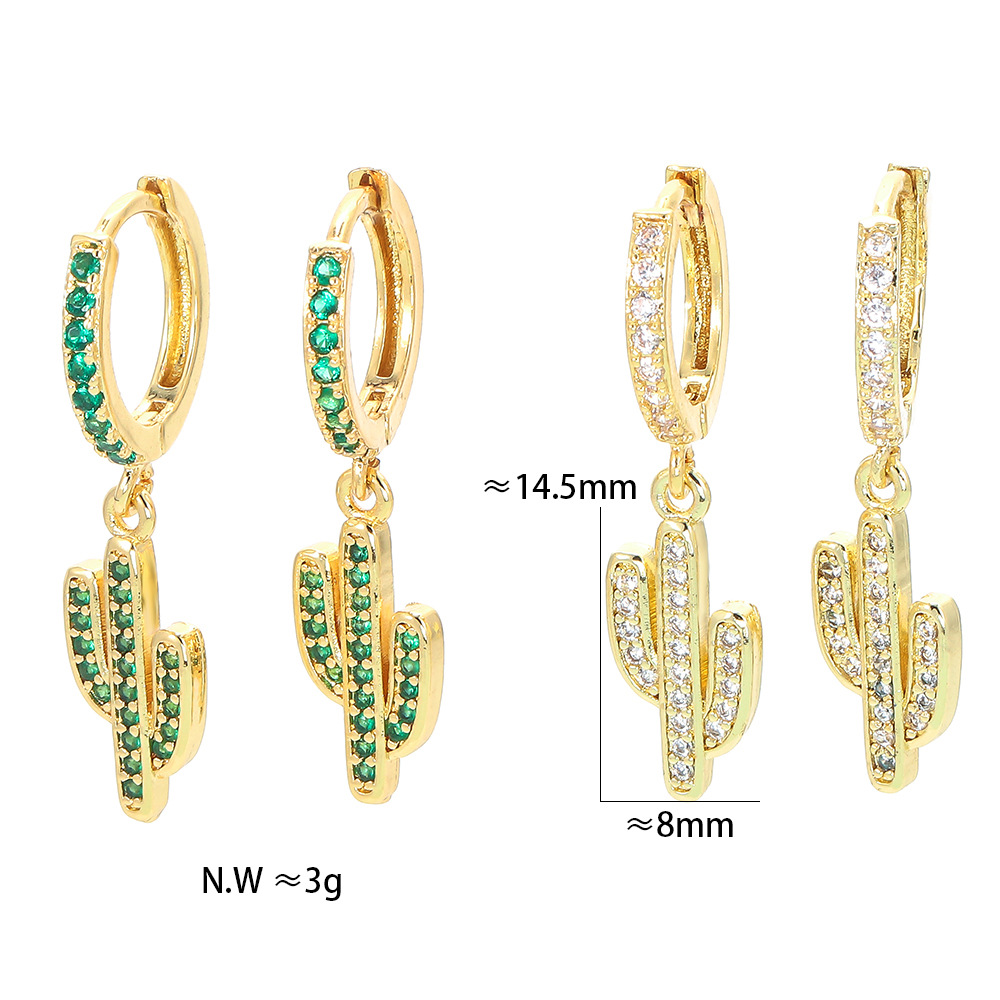 Simple Inlaid Green Zircon Cactus Long Earrings display picture 3