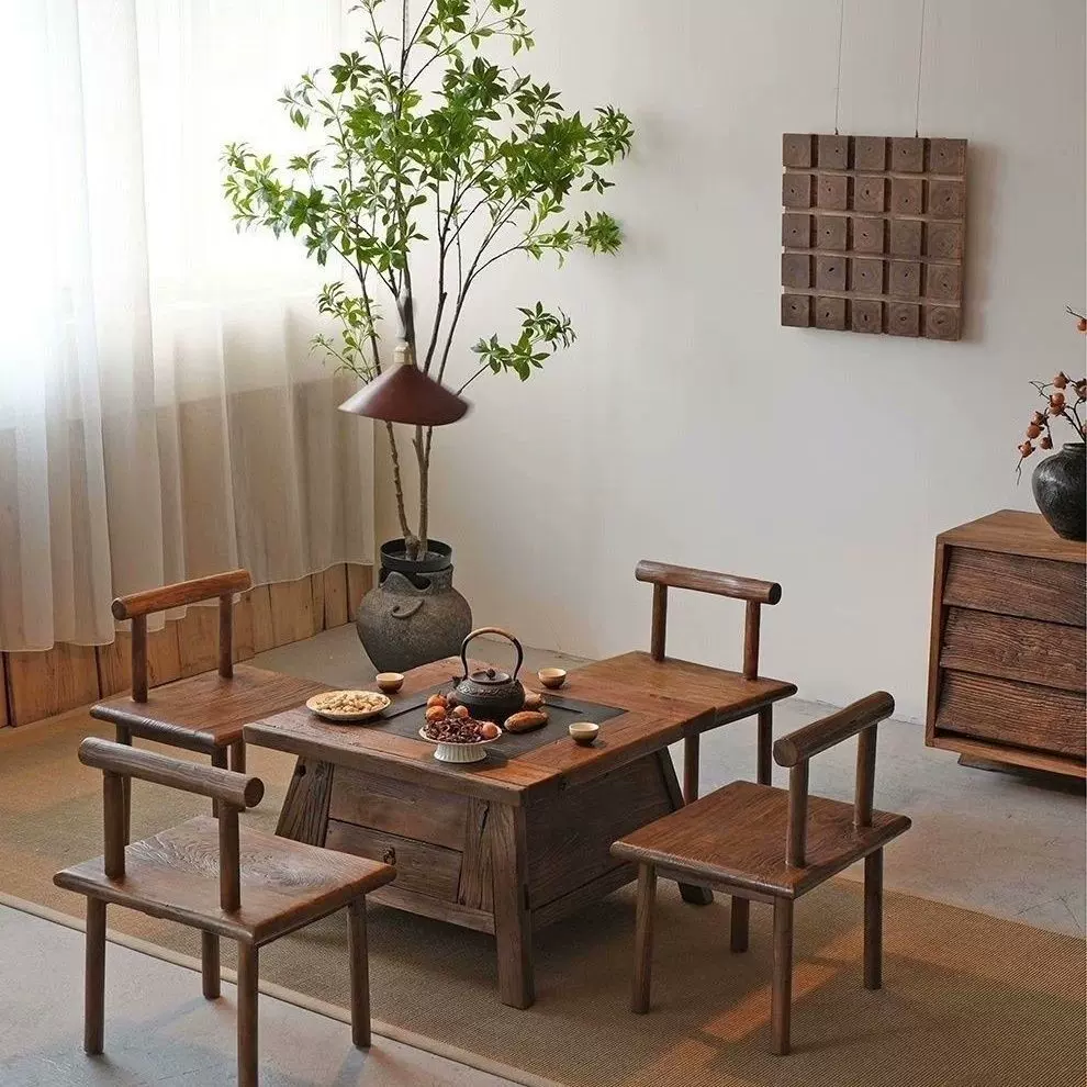 老榆木围炉煮茶桌侘寂风户外方形火锅桌禅意庭院烧烤桌实木大茶台