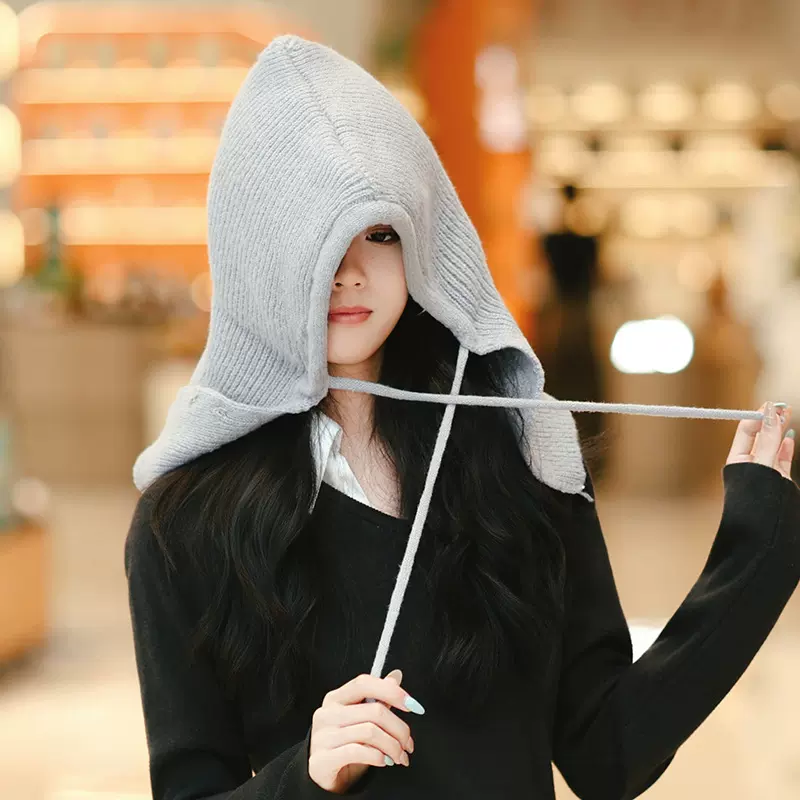 韩国巴拉克拉法帽秋冬季保暖帽子女款时尚披肩一体针织护耳毛线帽