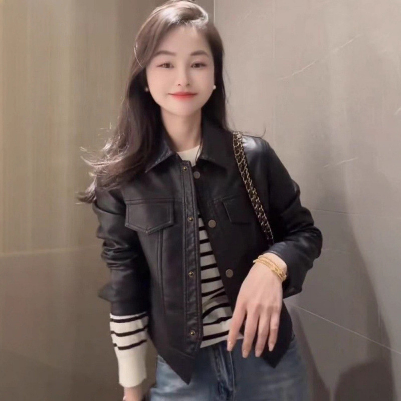 全网低价春秋季薄款洋气时尚短款翻领PU皮衣女外套夹克纽扣上衣服|undefined