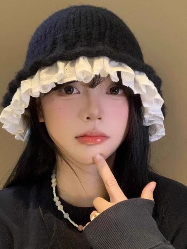 蕾丝花边盆帽针织渔夫帽女秋冬韩系水桶帽显脸小毛线帽大头围帽子|undefined