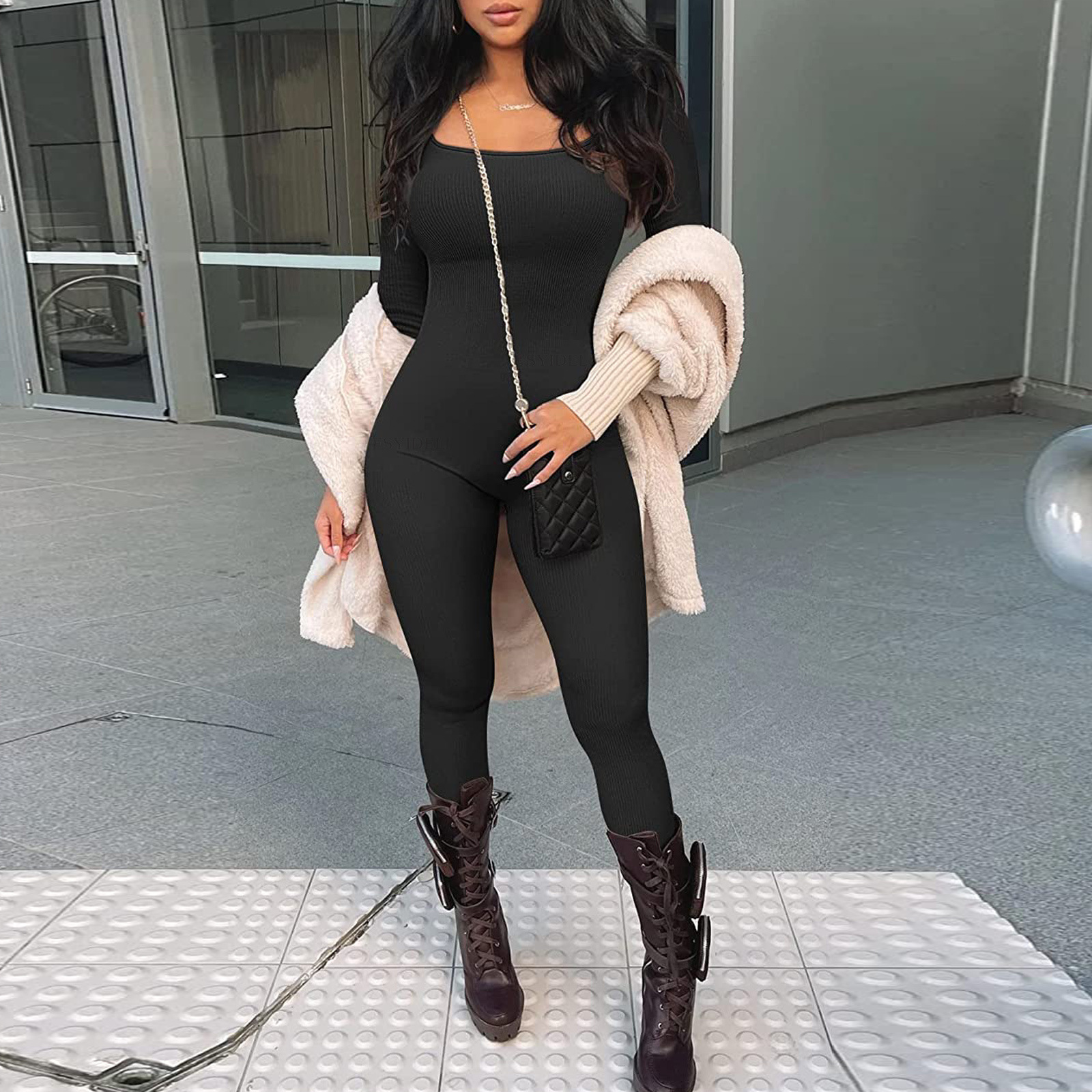 Europeo y americano de comercio exterior las mujeres jumpsuit otoño e invierno nuevo hilo cuello cuadrado hip lifting sexy mono SU3184