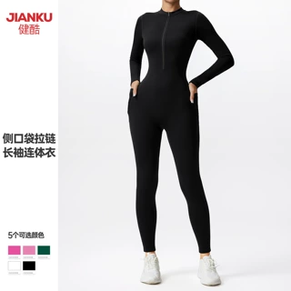 欧美跨境半拉链瑜伽连体衣裸感修身显瘦舞蹈健身一体式运动服