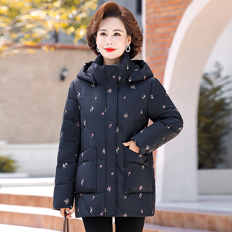 Brand Middle-Aged and Elderly Women's Short down Jacket 2025 New Fashion Printed Loose Slimming Look Warm Hooded Winter Jacket