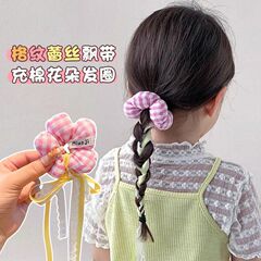 儿童新格纹蕾丝飘带充棉花朵套圈立体花花编发发圈丸子头甜美发饰