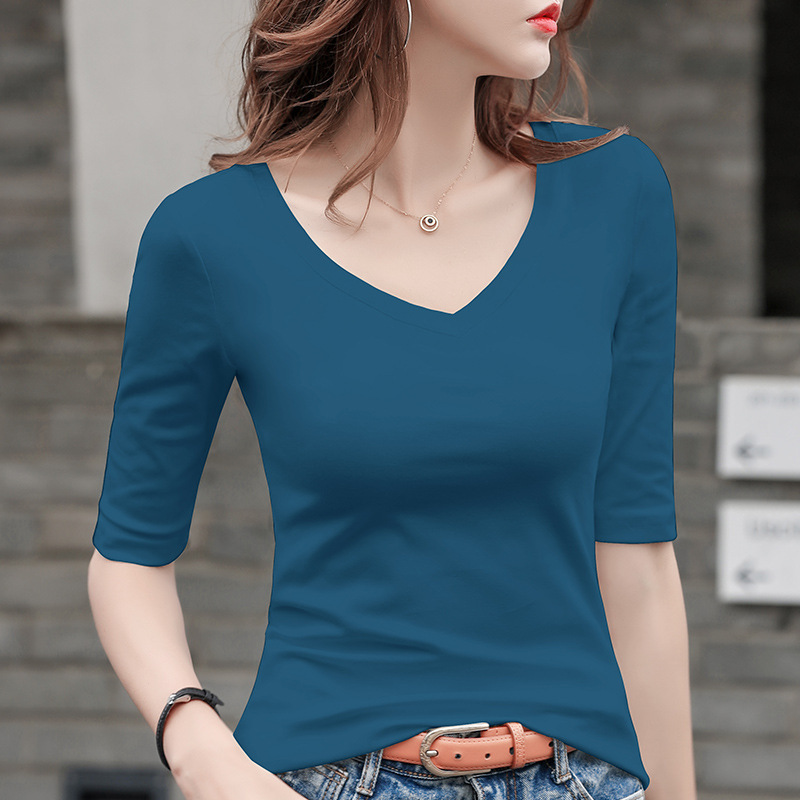女性用ミッドスリーブTシャツVネック2025新作七分袖トップスとファッショナブルな七分袖ボトムシャツ|undefined
