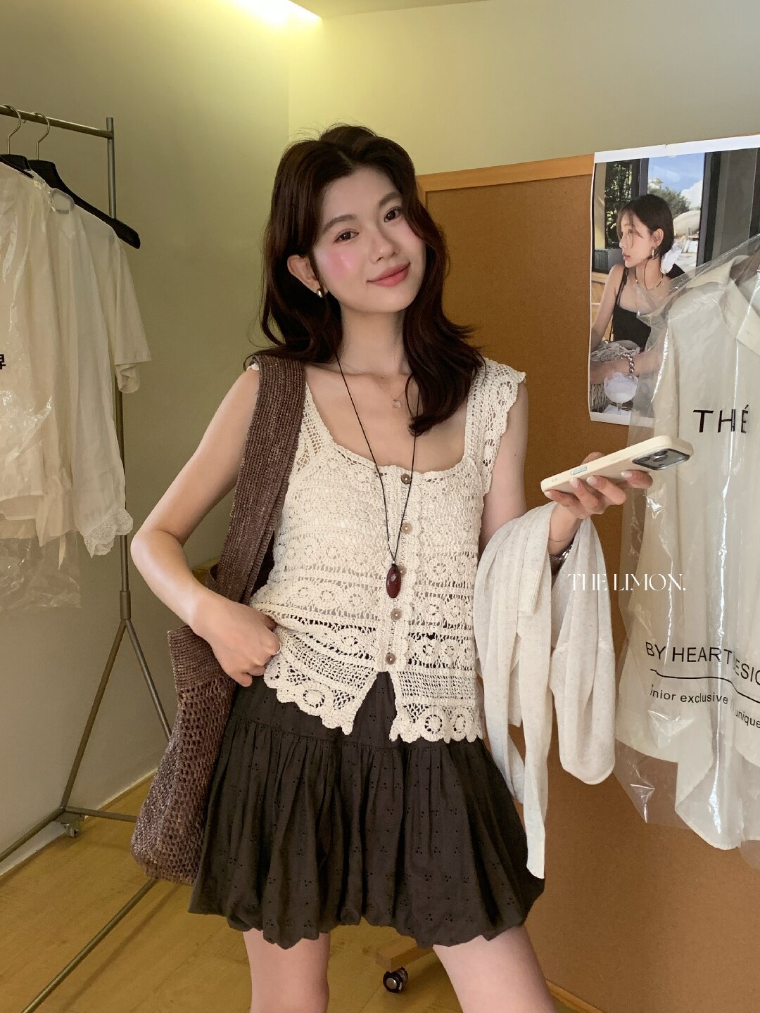 Áo hai dây nữ ren móc họa tiết cổ vuông phong cách Pháp — màu mơ chi tiết 20