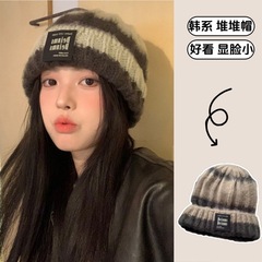 显脸小毛线帽女秋冬季拼色条纹大头围粗针织帽男女同款堆堆帽子潮