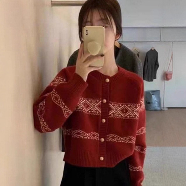 韩系复古撞色提花针织开衫女秋冬慵懒风设计感宽松长袖毛衣外套女|undefined