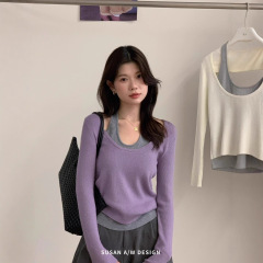韩版简约假两件拼接挂脖针织衫女秋季2025新款显瘦别致百搭上衣潮