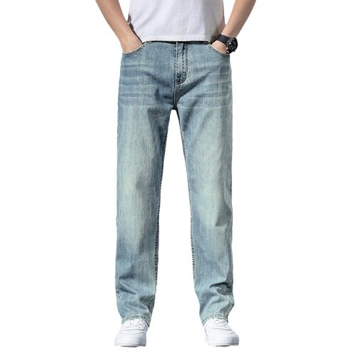 Elastic High-end Men's Jeans New Loose Straight Leg Pants for Spring and Autumn with Fleece Lining and Thick Long Pants