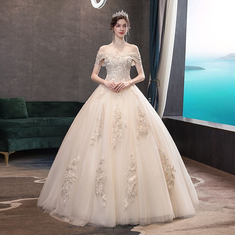 French-Style Light Wedding Dress 2026 New Model, Simple Forest-Style Bride's Off-Shoulder Champagne-Colored Super Fairy Main Wedding Gown
