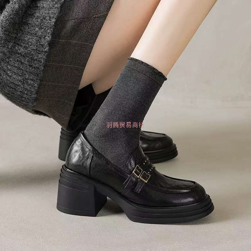 真皮厚底乐福鞋女2025秋冬新款粗跟高跟鞋小个子单鞋百搭小皮鞋