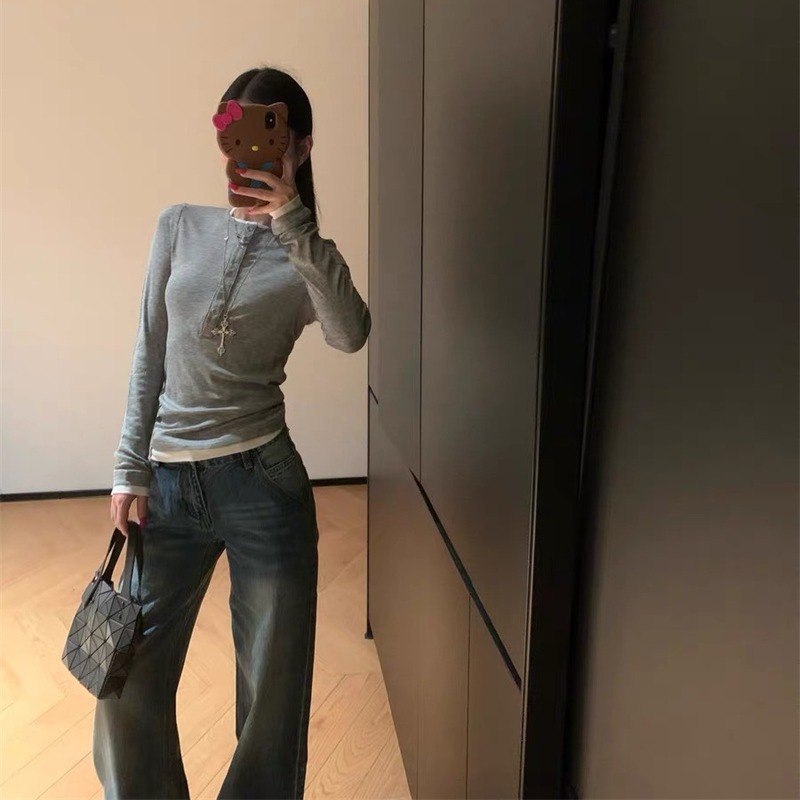 美式复古高个子水洗蓝色垂坠感牛仔裤女秋季新款显瘦宽松直筒裤子|undefined