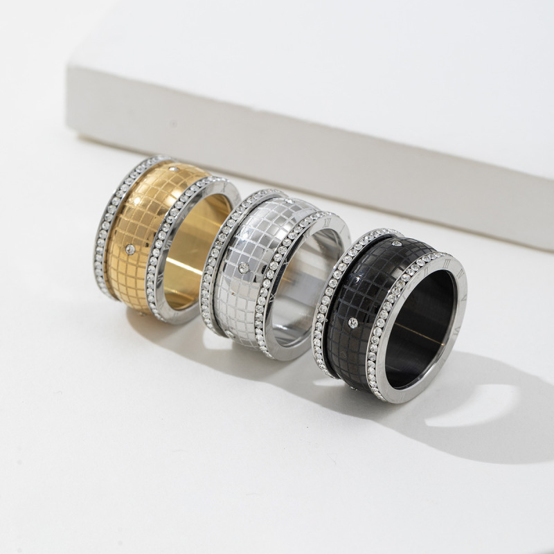 Minimalist Wide Double-Row Diamond-Encrusted Titanium Steel Roman Numeral Ring, Color-Blocked Unisex Stainless Steel Ring, Direct from the Source Factory Minimalist Wide Double-Row Diamond-Encrusted Titanium Steel Roman Numeral Ring, Color-Blocked Unisex Stainless Steel Ring, Direct from the Source Factory