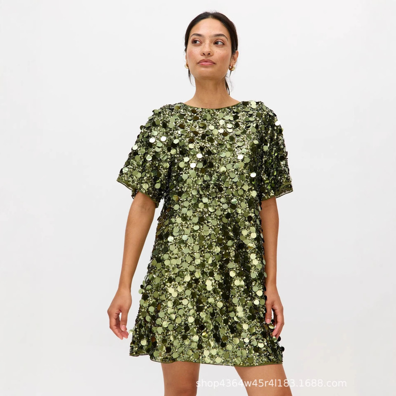 Green Sequin Dress for Women 2026 New Short-Sleeved A-Line Short Dress Party Party Loose Slimming Dress
