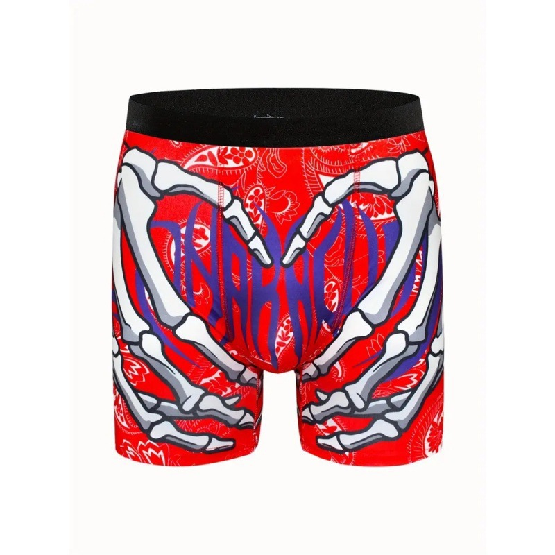 Ropa interior de longitud media de ángulo plano delgado de cintura media sexy para hombres Venta caliente Esqueleto que lema Graffiti Impresión 3D