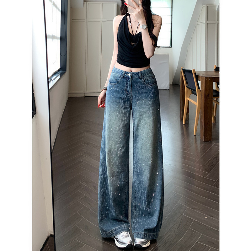 李李服饰流星雨重工烫钻阔腿牛仔裤女2025年秋季高腰宽松显瘦长裤|undefined