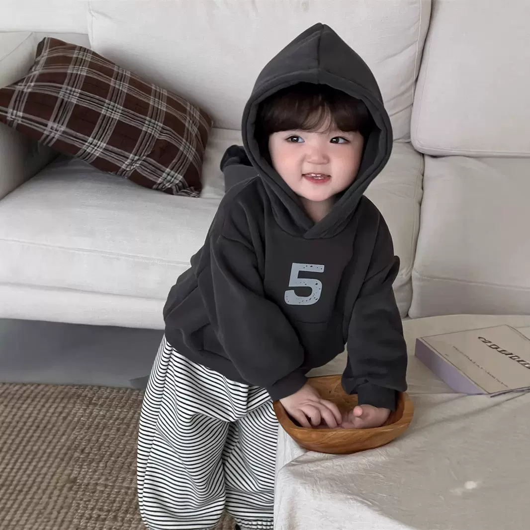 宝宝衣服秋冬季加厚连帽卫衣套装韩版童装男童条纹卫裤加绒两件套