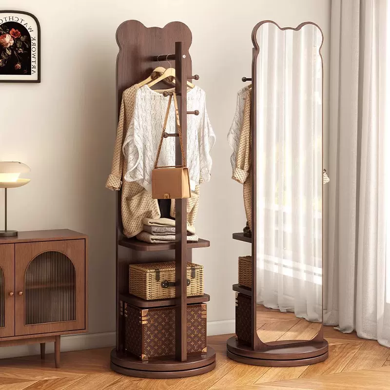 小熊穿衣镜全身镜家用卧室可旋转移动落地镜挂衣帽架一体试衣镜子