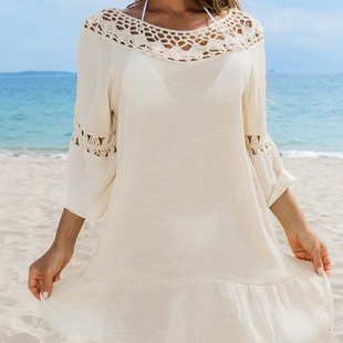 Amazon Vacation Hand Hook Collar Solid Color Stitching Cut Out Mid-Length Sleeves See-Through Loose Sun Protection Sexy Blouse Beach Skirt