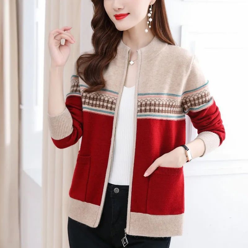 Color-Blocked Small Jacket, Spring and Autum New Women's Sweater, Knitted Cardigan, Stylish Round Neck Top, Zipper Jacket