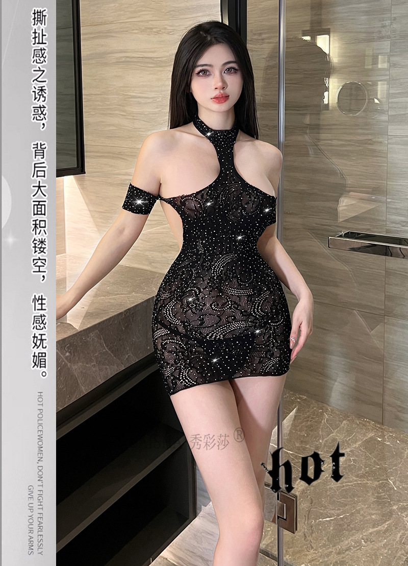 Rhinestone Mesh Babydoll Nightgown with Black Stockings, Sheer Polyester, Plus Size — detail image 11
