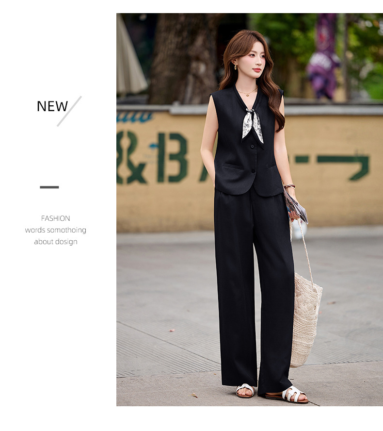 Bộ vest nữ gồm áo gile và quần tây ống đứng cạp cao — màu đen, màu cam, màu trắng ngà chi tiết 22