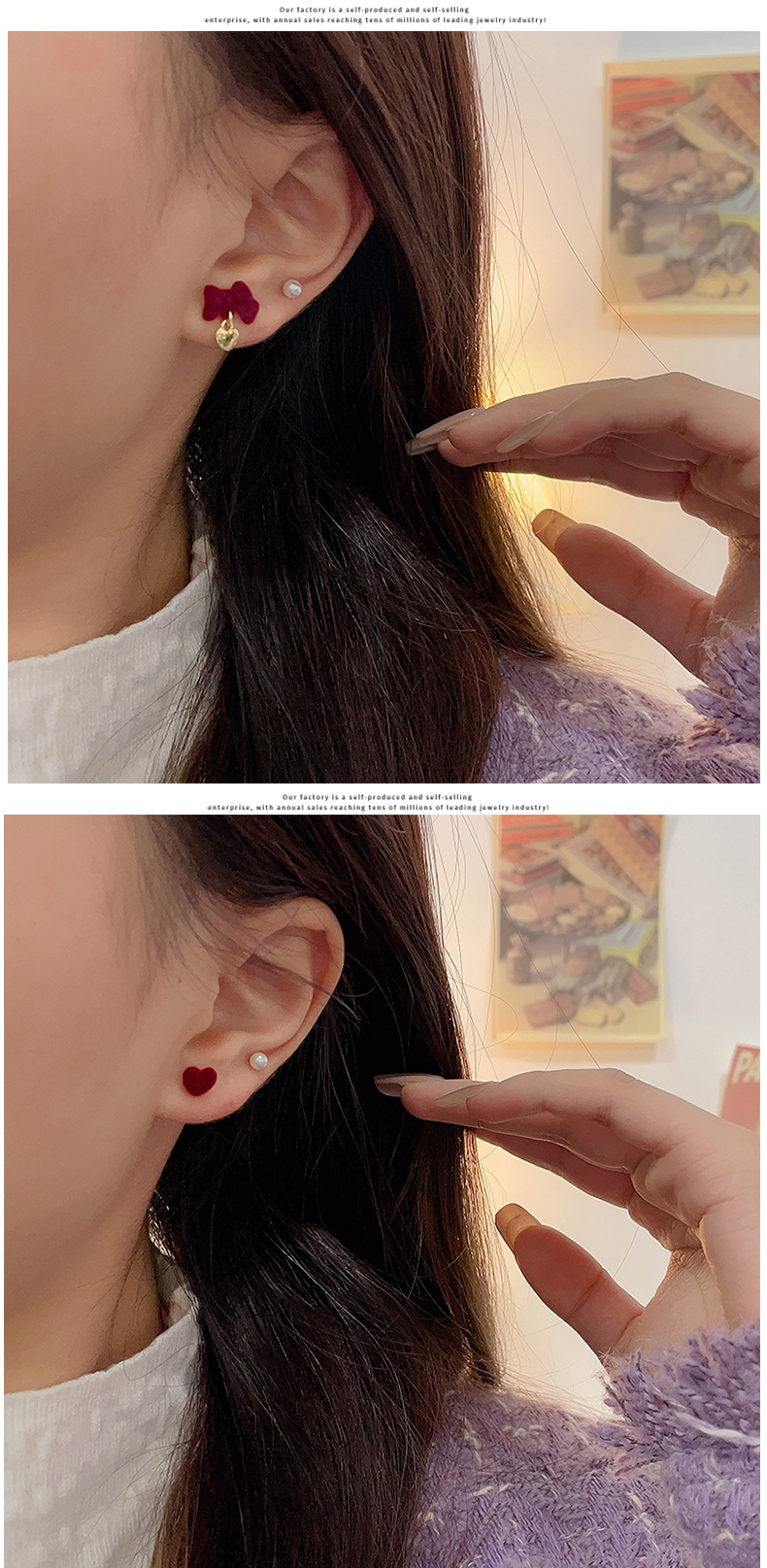 Retro Heart Shape Bow Knot Flocking Handmade Womenu0027S Ear Studs 1 Pair