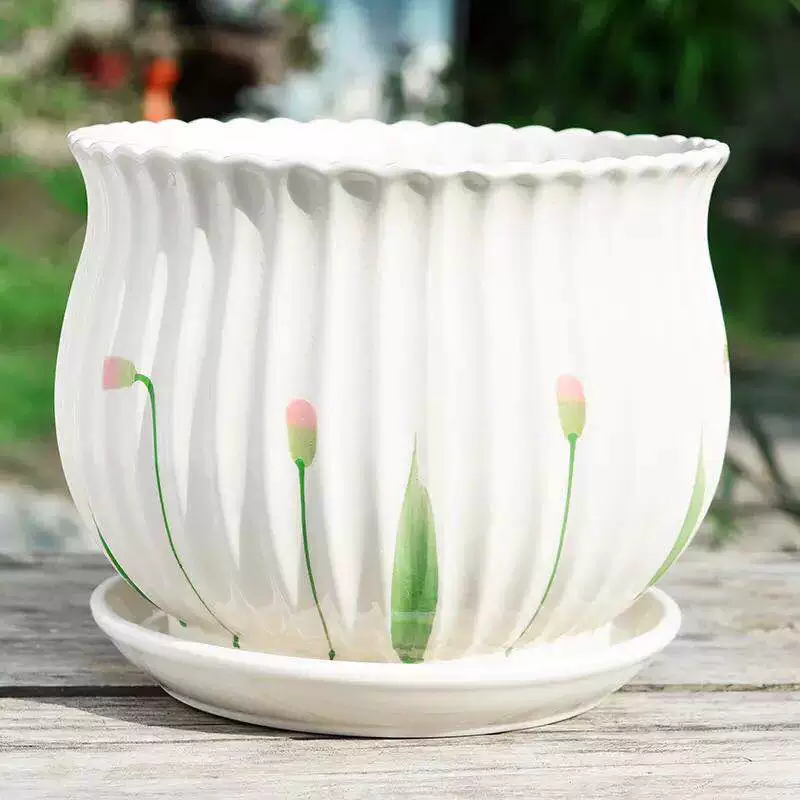 Простой цветочный горшок Керамический белый с поддоном большой дом