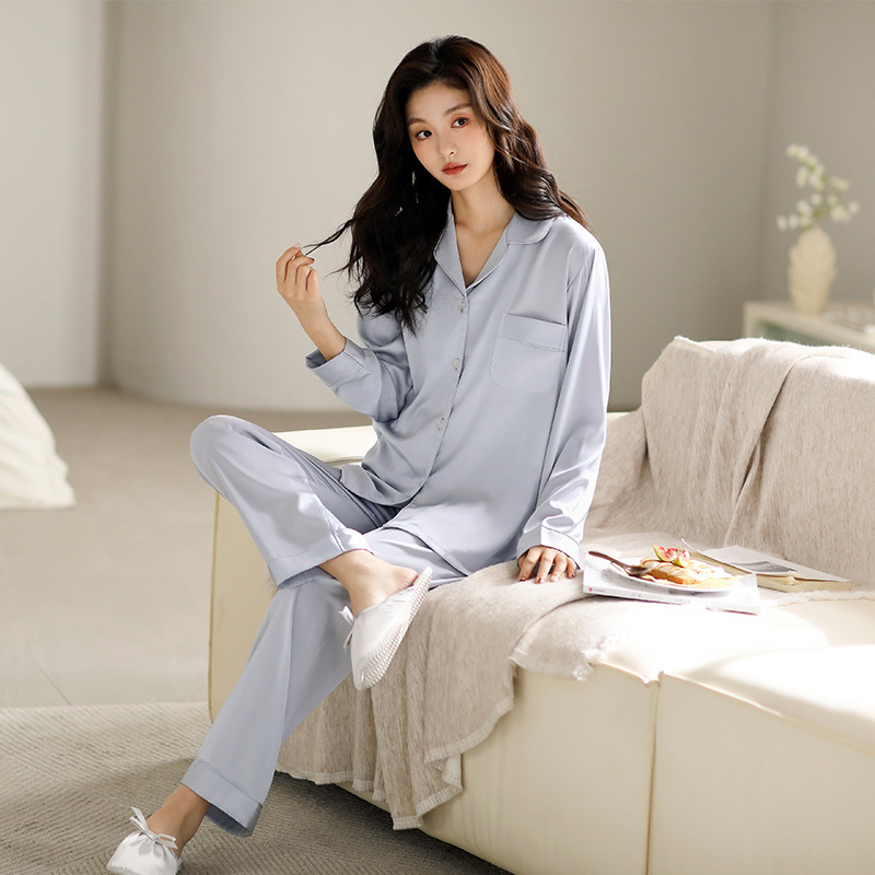 Han Yatong Satin Ice Silk women's long-sleeved trousers spring and summer solid color home wear suit men's autumn pajamas New Han Yatong Satin Ice Silk women's long-sleeved trousers spring and summer solid color home wear suit men's autumn pajamas New