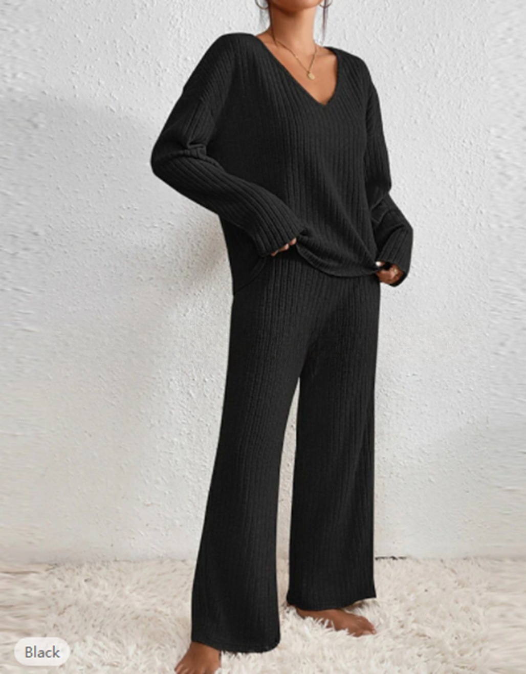 Langärmliges, lässiges Lounge-Set mit V-Ausschnitt für Damen – weich gebürstete, gestreifte Jogginghose und Oberteil (S–XXL, Herbst-/Winterkollektion)​​_voghion.com