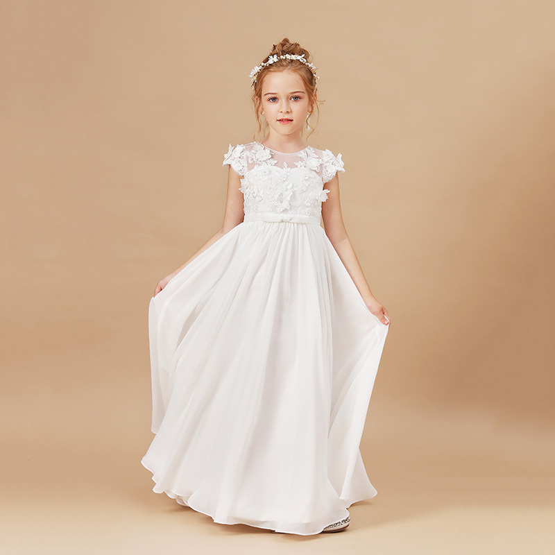 欧美春夏女童礼服白色花童婚礼小女孩礼服钢琴演出服周岁生日礼服