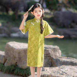 女童绿色提花旗袍夏季新中式儿童国风连衣裙小女孩汉服唐装演出服